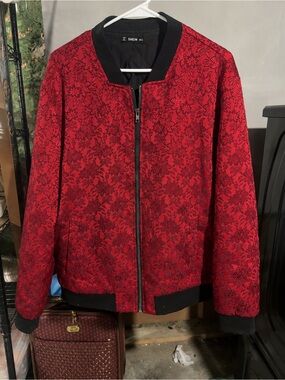 SHEIN Red Floral Brocade Bomber Jacket with Black Trim
